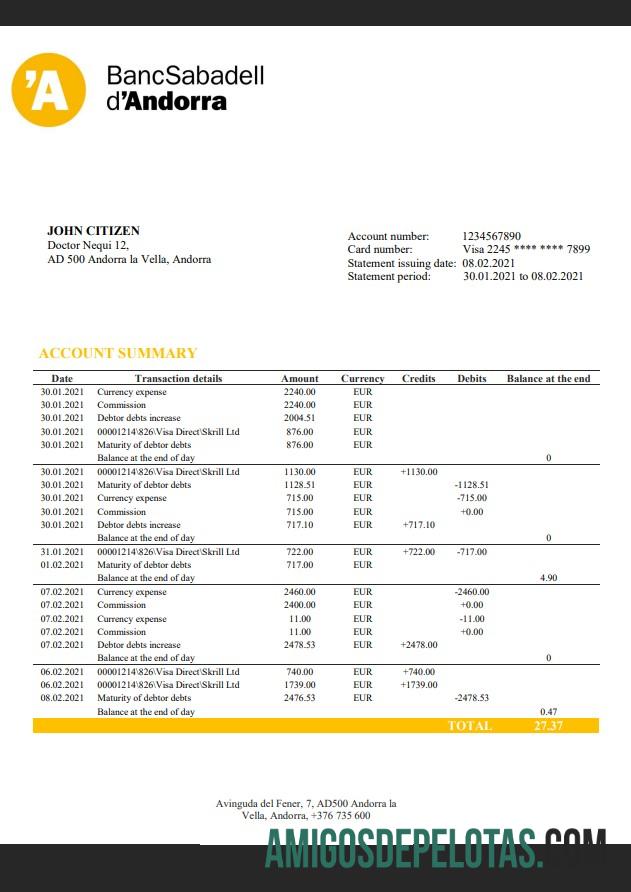 Modelo de extrato bancário Andorra BancSabadell D'Andorra